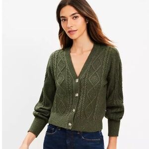 Loft Large Flecked Cable V-Neck Cardigan in Dark Caper